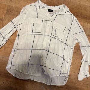 Milk & Honey Windowpane Grid Button Down Blouse White Black XL
